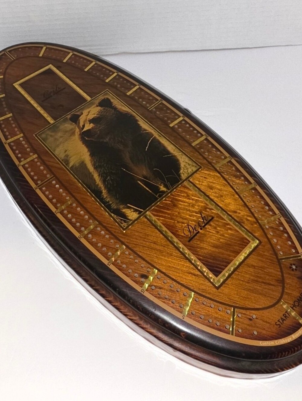 Vintage Handmade Oval Wooden Cribbage Board, Grizzly Bear W/ Pegs Inside